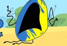 a cartoon drawing of a blue and yellow object with a mouth open