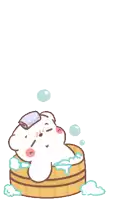 a cartoon of a bear taking a bath in a wooden bucket .
