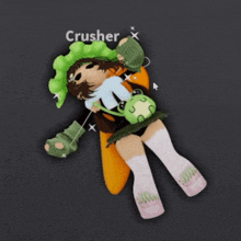 a girl with a frog bag and a green hat is laying down on the ground .