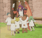 a cartoon of a dragon holding a knife surrounded by children