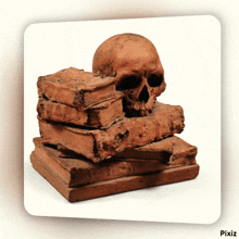 a stack of books with a skull on top of them