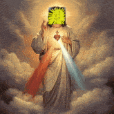 a painting of jesus holding a heart with a yellow sun covering his face