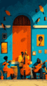 a man is playing a double bass and a woman is playing a drum in front of a blue building .