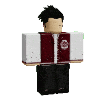 a roblox character is wearing a maroon varsity jacket with a crest on it