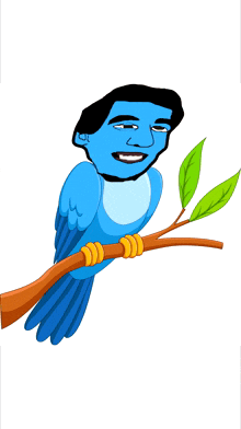 a blue bird with a man 's face on it