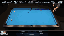 a pool table sponsored by jb cases and csi