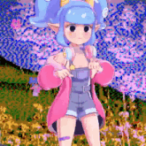 a pixel art of a girl with blue hair