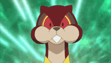 a cartoon squirrel with red eyes and a yellow shirt is looking at the camera .