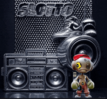 a cartoon character is standing in front of a boombox with the word slotto written on it