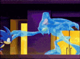 a cartoon of sonic and a blue monster