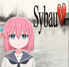 a girl with pink hair is standing in front of a sign that says sybaum