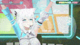 a white anime character with blue eyes and a microphone on her head