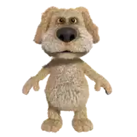 a stuffed dog with a purple nose is standing up