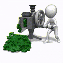 a 3d man is pushing a machine that is making green plants
