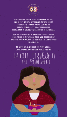 an advertisement for ponle ciruela a tu ponchei shows a woman holding a cup of coffee