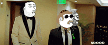 two men in suits are walking down a hallway with a green exit sign behind them