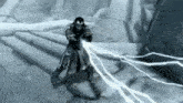 a man is standing in the snow with lightning coming from his hands