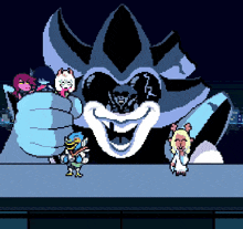 a group of pixel art characters are standing in front of a large cartoon character .