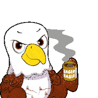 a cartoon bald eagle holding a cup of coffee that says eager eagle on it