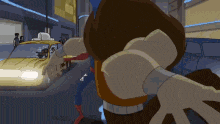 a cartoon character is walking down a city street with a taxi cab in the background .