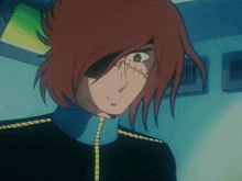 a close up of a cartoon character with red hair and a blue shirt