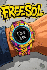 a cartoon drawing of a person wearing a colorful watch that says free sol
