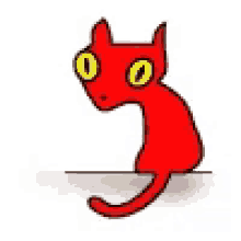 a red cartoon cat with yellow eyes is sitting on a white surface .
