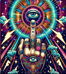 a psychedelic painting of a hand giving the middle finger with an all seeing eye behind it .