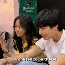 a man and a woman sitting next to each other with the words promised to be there