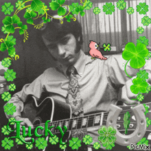 a black and white photo of a man playing a guitar with the word lucky on the bottom right
