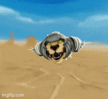a lion with green eyes is flying through the air in the desert