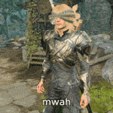 a video game character with a blindfold and the word mwah on the bottom right