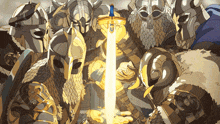 a group of warriors are holding a sword in their hands