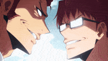two anime characters are looking at each other with glasses on