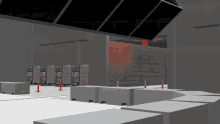 a computer generated image of a warehouse with a red light