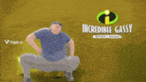 a man is squatting down in front of a poster for incredible gassy