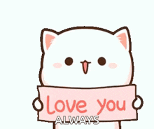 a cartoon cat is holding a sign that says `` love you always '' surrounded by hearts .