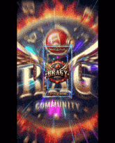 a logo for bragy community is surrounded by flames and purple lights