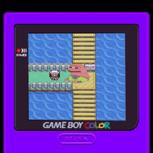 a purple game boy color screen with a cartoon character on a dock