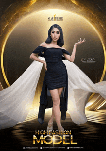 a woman in a black dress is featured on a poster for high fashion model