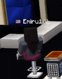 a minecraft character is sitting in a chair in front of a desk .