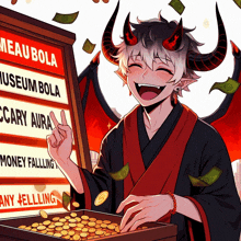 a drawing of a demon holding a tray of gold coins in front of a sign that says meaubola