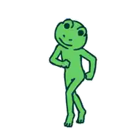 a green frog is standing on its hind legs and looking at the camera .