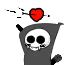 a cartoon grim reaper with a red heart and an arrow through it .