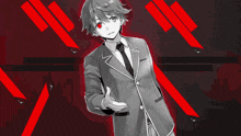 a black and white drawing of a man in a suit and tie with red eyes