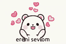a cartoon drawing of a teddy bear with hearts around it and the words `` ereni sevjom '' .