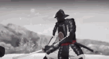 a black and white drawing of a samurai holding a sword in a snowy field .