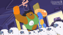 a cartoon of a man holding a stick with the words bravest warriors written on the bottom