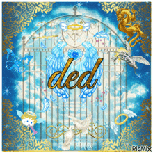 a picture of a gate with the word ded in gold