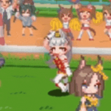 a group of cartoon characters are standing on a grassy field .